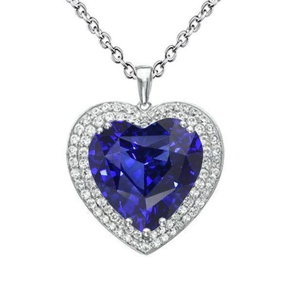 Pendentif Coeur Double Halo Saphir Bleu & Diamant Or 6.50 quilates