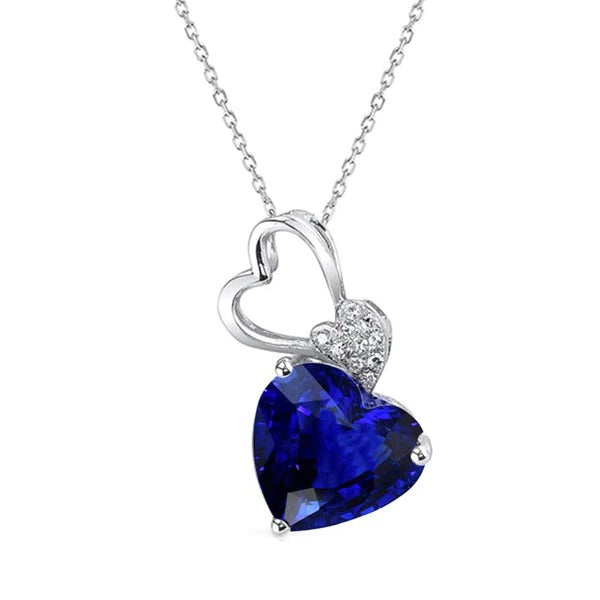 Pendentif Coeur Or Blanc 14K Saphir Bleu Foncé & Diamant 2.50 quilates