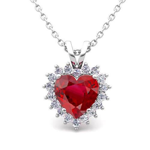 Pendentif Coeur Rubis Or Blanc 14K Avec Diamants 5.50 Carats - HarryChadEnt.FR