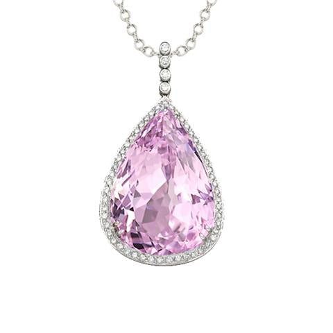 Pendentif Collier Kunzite Naturel Et Diamant Or Blanc 14K 24 Ct - HarryChadEnt.FR