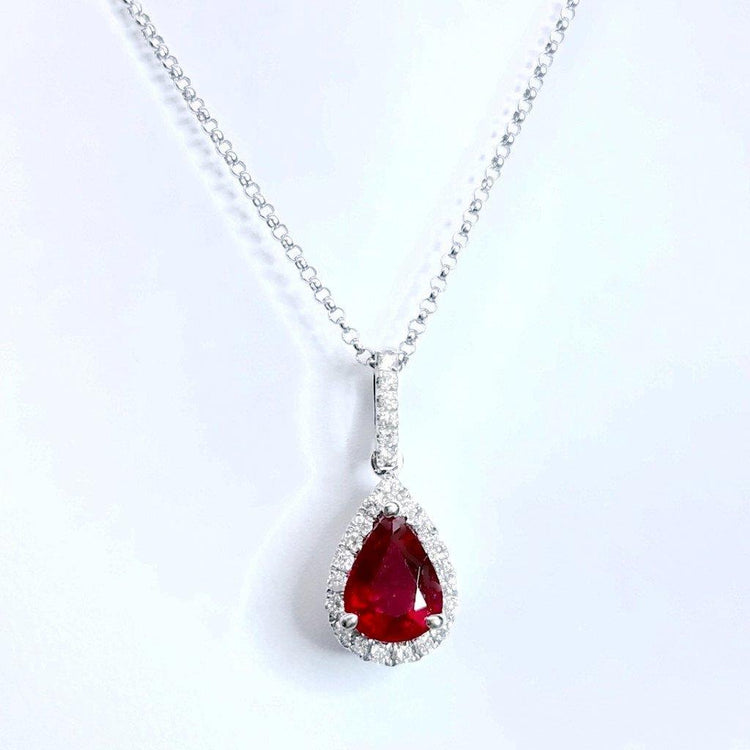 Pendentif Collier Rubis Taille Poire Et Diamants 4 Carats Or Blanc 14K - HarryChadEnt.FR
