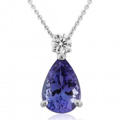 Pendentif Grosse Poire Tanzanite Et Diamant Rond 18 Ct Or Blanc 14K