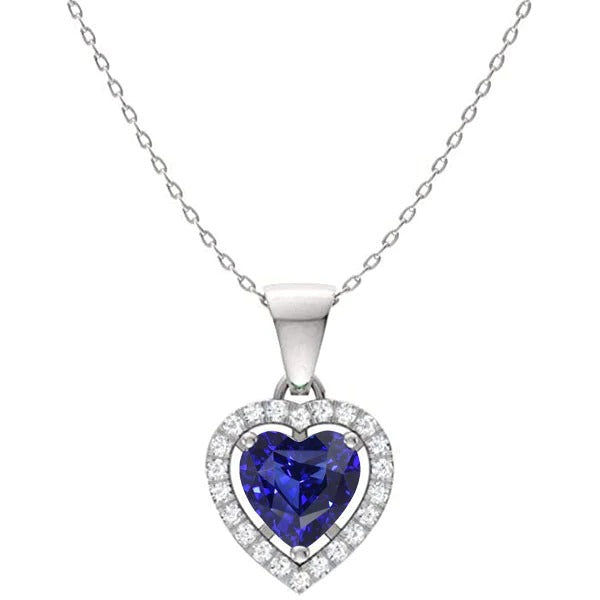 Pendentif Halo Coeur Saphir Bleu & Diamant Rond Or 2 quilates 14K
