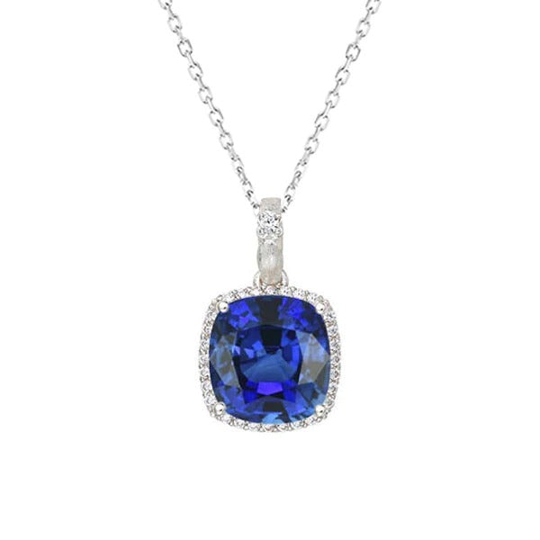 Pendentif Halo Coussin Saphir Bleu & Diamant Avec Chaîne 4 quilates