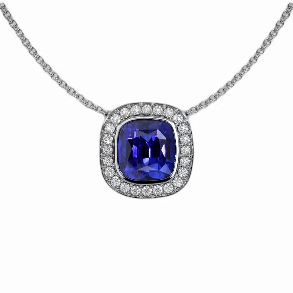 Pendentif Halo en pierres précieuses coussinées et diamants ronds avec chaîne 3.50 quilates