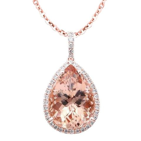 Pendentif Morganite Poire Et Diamants Ronds 23.50 Ct Or Rose 14K - HarryChadEnt.FR