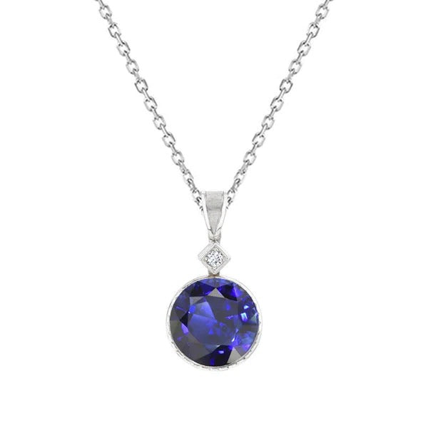 Pendentif Saphir Bleu Naturel Rond & Diamant 2 Pierres 1.75 quilates
