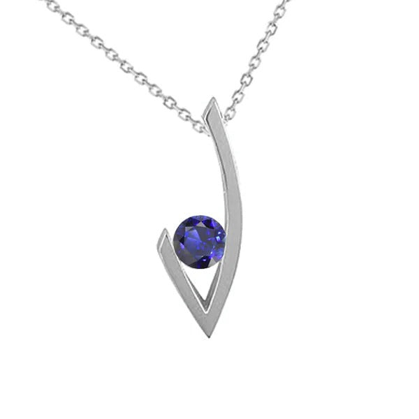 Pendentif Solitaire V Saphir Bleu Rond Bijou Or Blanc 1 quilates