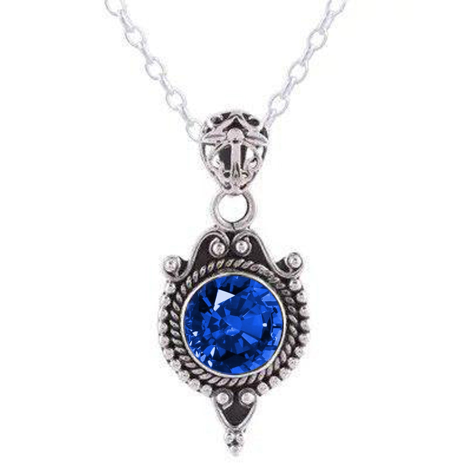 Pendentif Style Antique Saphir Bleu 8 Carats Or Blanc 14K - HarryChadEnt.FR