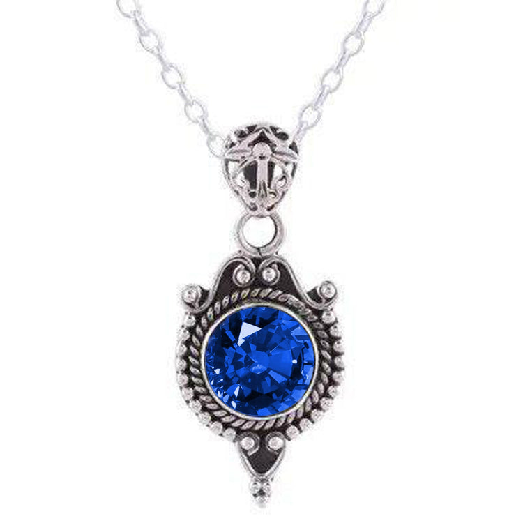 Pendentif Style Antique Saphir Bleu 8 Carats Or Blanc 14K - HarryChadEnt.FR