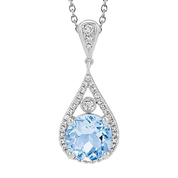 Pendentif aigue-marine taille ronde de 11.25 ct avec diamants en or blanc 14 carats - HarryChadEnt.FR