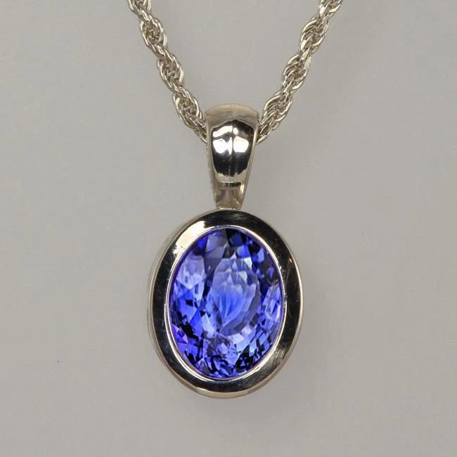 Pendentif en or blanc 14 carats taille ovale tanzanite bleue 14 ct avec chaîne - HarryChadEnt.FR