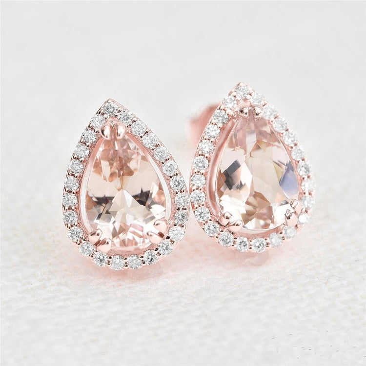 Poire Morganite Avec Diamants Ronds 13.80 Ct Boucles D'Oreilles Or 14K - HarryChadEnt.FR