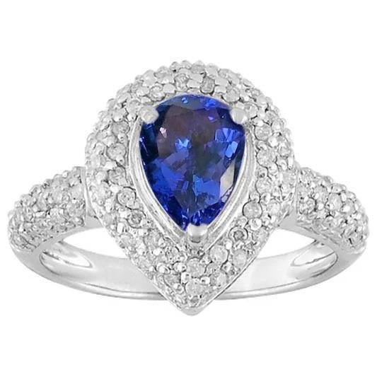 Poire Tanzanite Halo Pave Diamants 4.40 Carat Bague Fantaisie WG 14K Bijoux - HarryChadEnt.FR