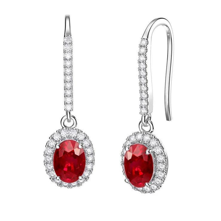 Rubis ovale avec diamants ronds 7.50 ct. Boucles D'oreilles Pendantes Or Blanc 14K - HarryChadEnt.FR
