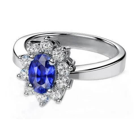 Saphir de Ceylan ovale et rond 2.10 Ct. Bague Diamant Or Blanc 14K - HarryChadEnt.FR