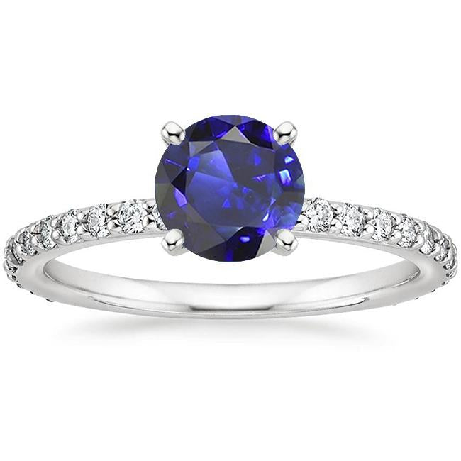 Solitaire 3.50 carats saphir bleu et accents de diamants ronds 4 broches - HarryChadEnt.FR
