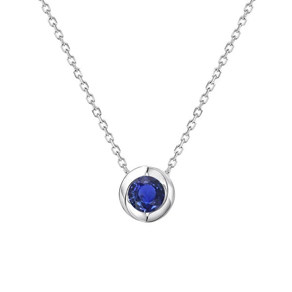 Solitaire Pendentif Saphir Bleu Rond Serti Lunette Or Blanc 1 quilates