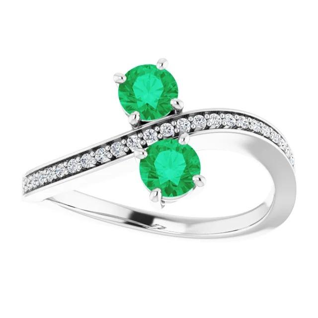 Toi et Moi Bague Ronde Vert Emeraude 2.60 Carats Diamant Or Blanc 14K - HarryChadEnt.FR