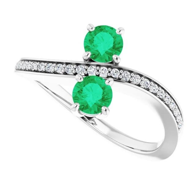 Toi et Moi Bague Ronde Vert Emeraude 2.60 Carats Diamant Or Blanc 14K - HarryChadEnt.FR
