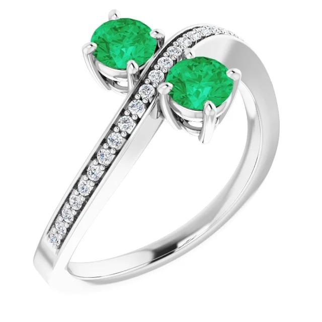 Toi et Moi Bague Ronde Vert Emeraude 2.60 Carats Diamant Or Blanc 14K - HarryChadEnt.FR