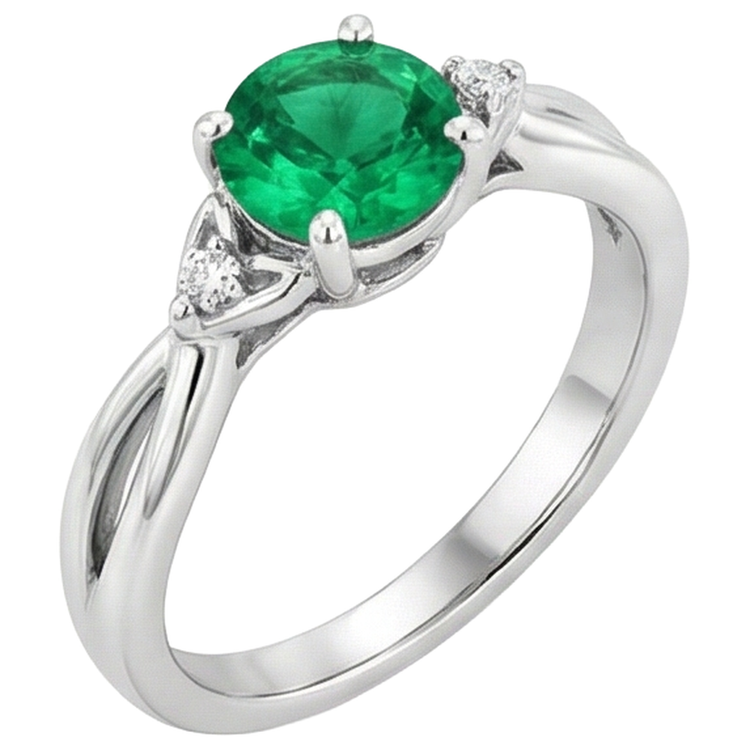 1.50 Carats Bague Émeraude Verte Tige Torsadée Or Blanc 14K