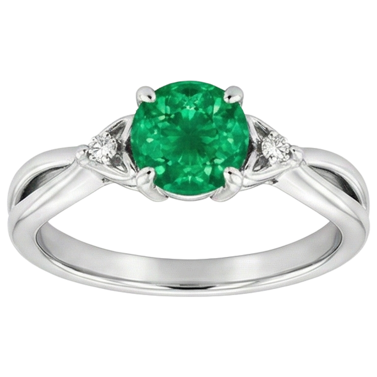 1.50 Carats Bague Émeraude Verte Tige Torsadée Or Blanc 14K