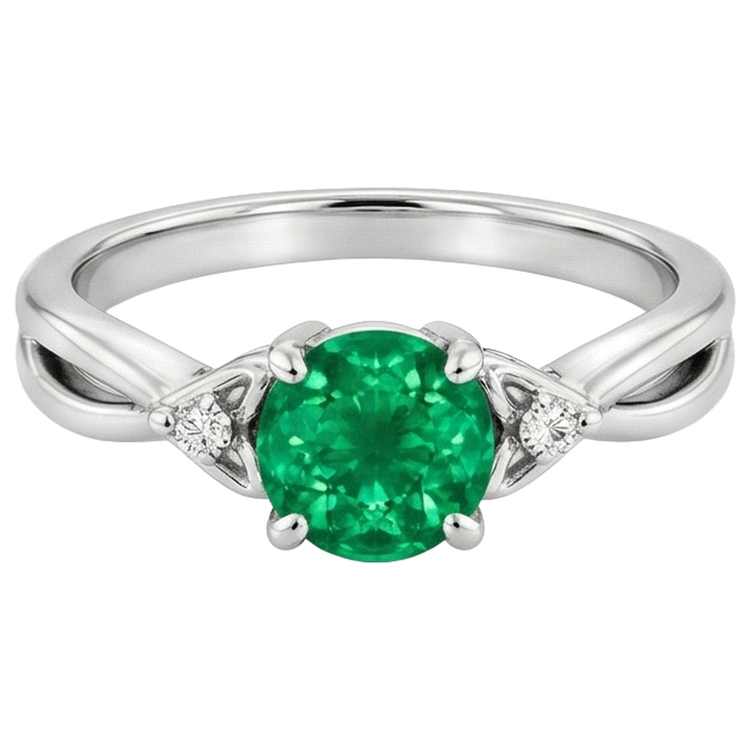 1.50 Carats Bague Émeraude Verte Tige Torsadée Or Blanc 14K