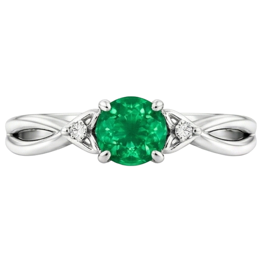 1.50 Carats Bague Émeraude Verte Tige Torsadée Or Blanc 14K
