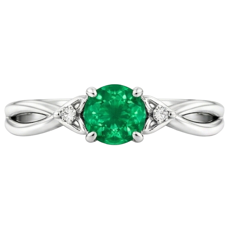 1.50 Carats Bague Émeraude Verte Tige Torsadée Or Blanc 14K