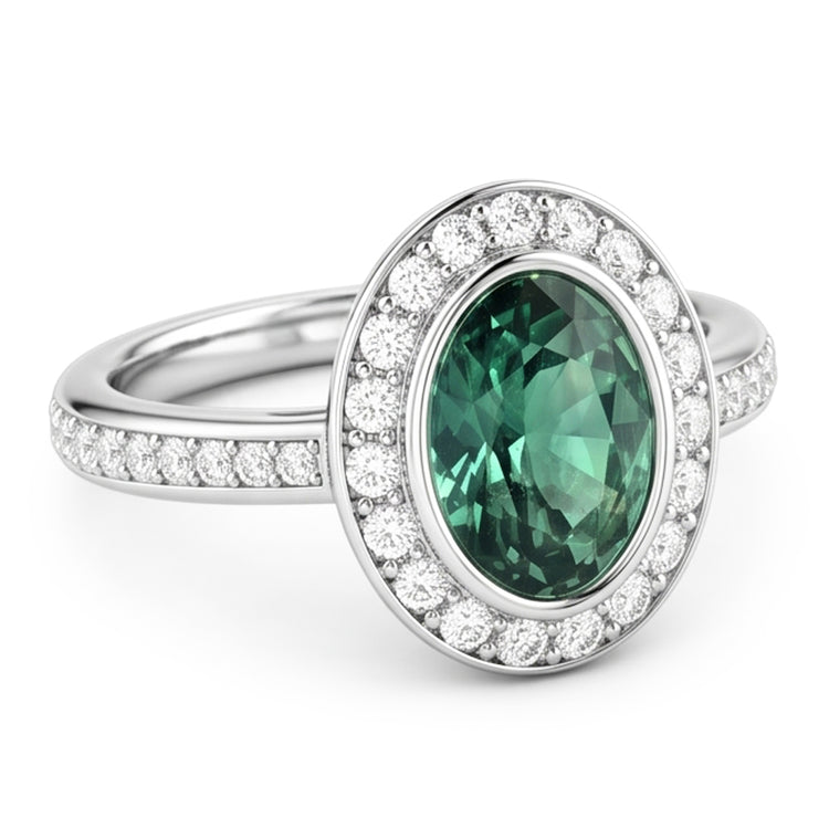1.50 Carats Bague Saphir Vert Ovale Et Diamant Naturels Extraits des Mines ( et non cultivés en laboratoire ) Or Blanc 14K
