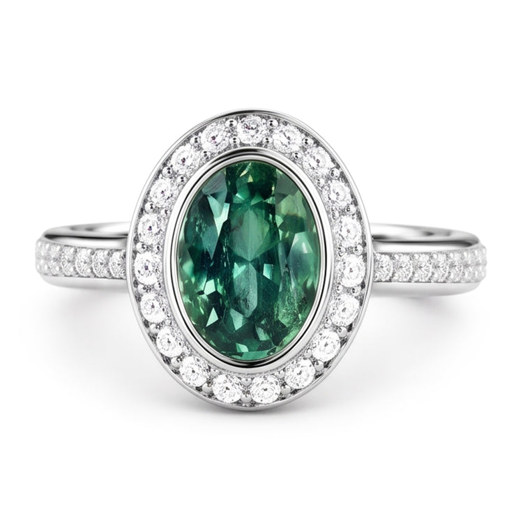 1.50 Carats Bague Saphir Vert Ovale Et Diamant Naturels Extraits des Mines ( et non cultivés en laboratoire ) Or Blanc 14K