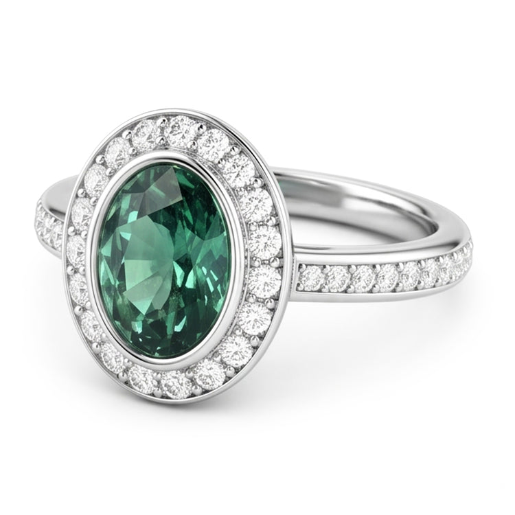 1.50 Carats Bague Saphir Vert Ovale Et Diamant Naturels Extraits des Mines ( et non cultivés en laboratoire ) Or Blanc 14K
