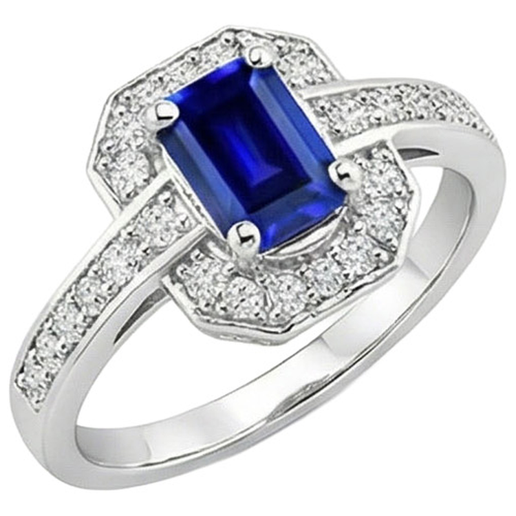 1.70 carats bague diamant saphir de Ceylan taille émeraude or blanc 14k