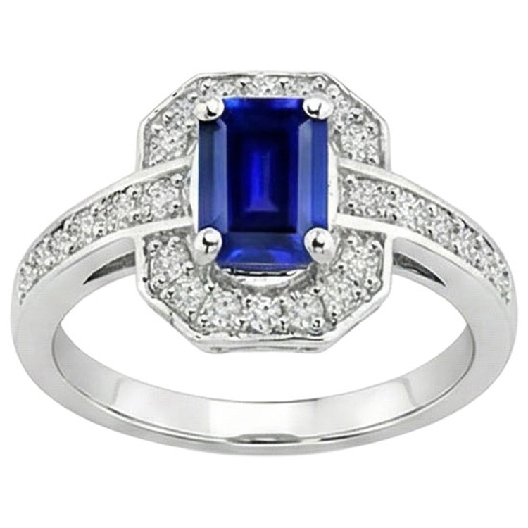 1.70 carats bague diamant saphir de Ceylan taille émeraude or blanc 14k