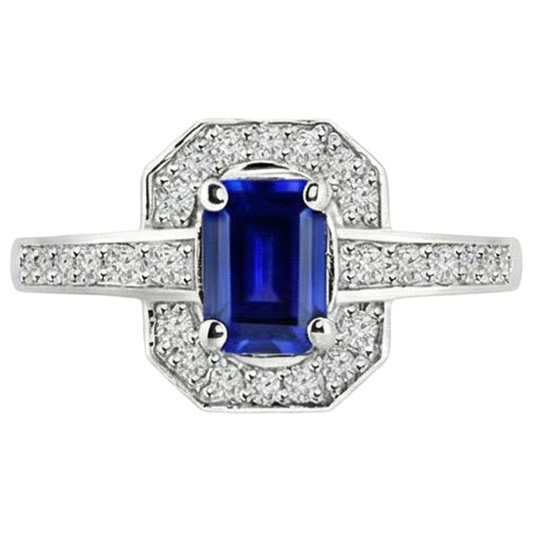 1.70 carats bague diamant saphir de Ceylan taille émeraude or blanc 14k
