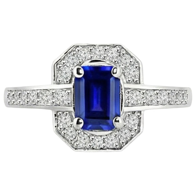 1.70 carats bague diamant saphir de Ceylan taille émeraude or blanc 14k