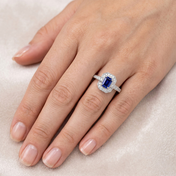 1.70 carats bague diamant saphir de Ceylan taille émeraude or blanc 14k