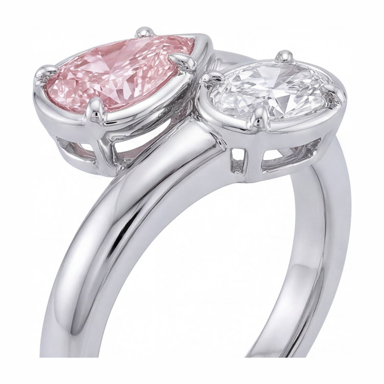 Bague croisée avec diamant rose ovale de laboratoire de 1,75 carat en Or Blanc 14 carats