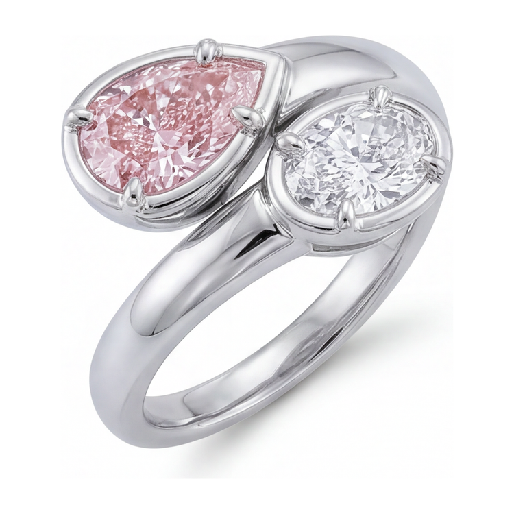 Bague croisée avec diamant rose ovale de laboratoire de 1,75 carat en Or Blanc 14 carats