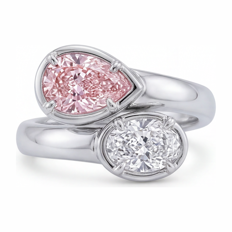 Bague croisée avec diamant rose ovale de laboratoire de 1,75 carat en Or Blanc 14 carats