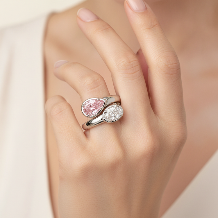 Bague croisée avec diamant rose ovale de laboratoire de 1,75 carat en Or Blanc 14 carats