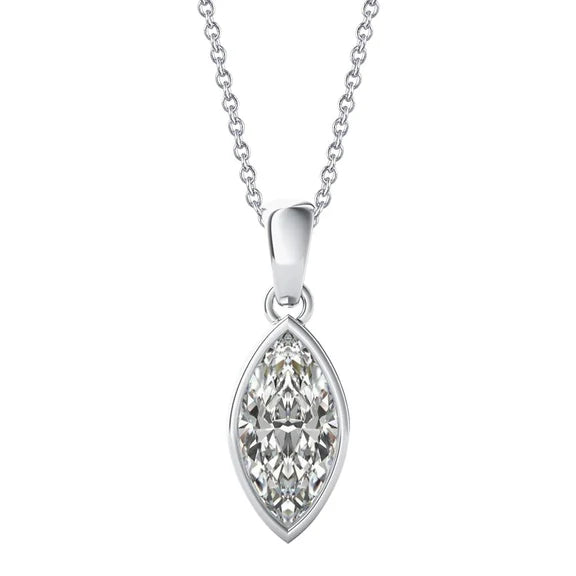 1 Carat Lunette Sertie Marquise Solitaire Réel Diamant Pendentif Or Blanc 14K