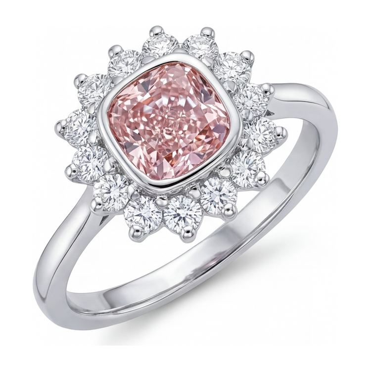 Bague de Fiançailles Gemme Rose avec Diamant Coussin de Laboratoire 1 Carat et Halo en Or Blanc 14 Carats