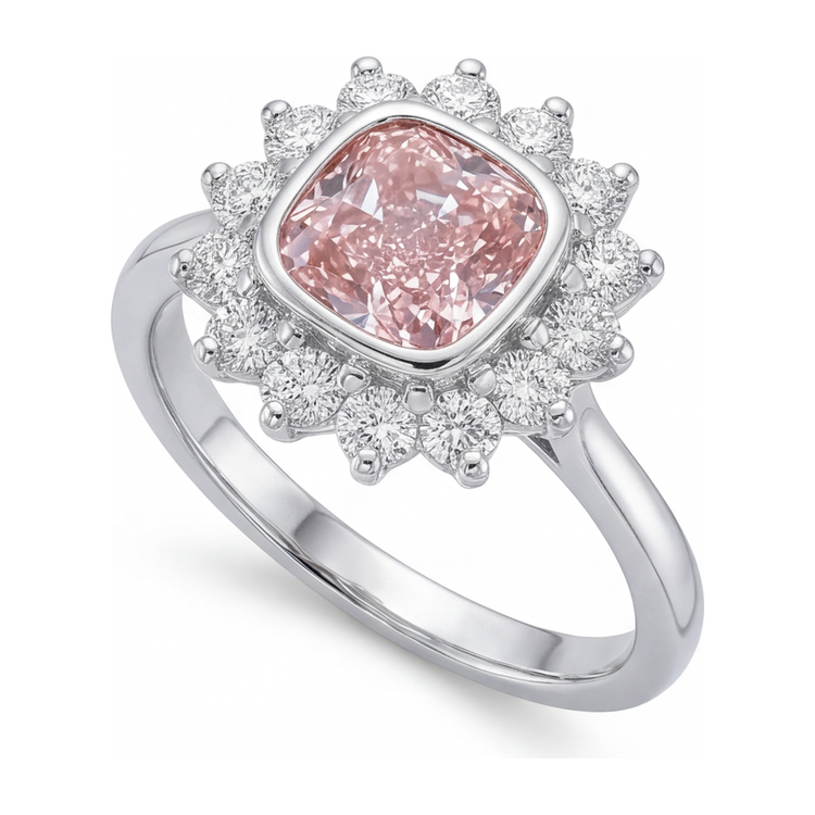Bague de Fiançailles Pierre Rose, Diamant Coussin de Laboratoire 1 Carat, Halo, Or Blanc 14K