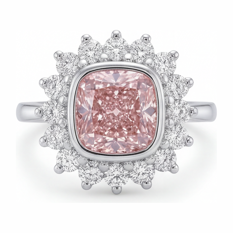 Bague de Fiançailles Pierre Rose, Diamant Coussin de Laboratoire 1 Carat, Halo, Or Blanc 14K