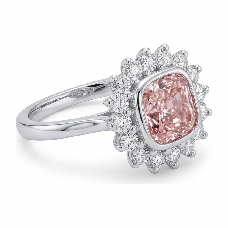 Bague de Fiançailles Gemme Rose avec Diamant Coussin de Laboratoire 1 Carat et Halo en Or Blanc 14 Carats