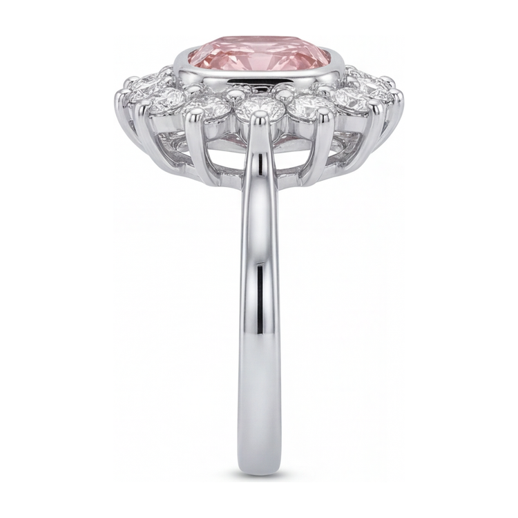 Bague de Fiançailles Pierre Rose, Diamant Coussin de Laboratoire 1 Carat, Halo, Or Blanc 14K