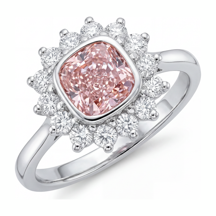 Bague de Fiançailles Pierre Rose, Diamant Coussin de Laboratoire 1 Carat, Halo, Or Blanc 14K