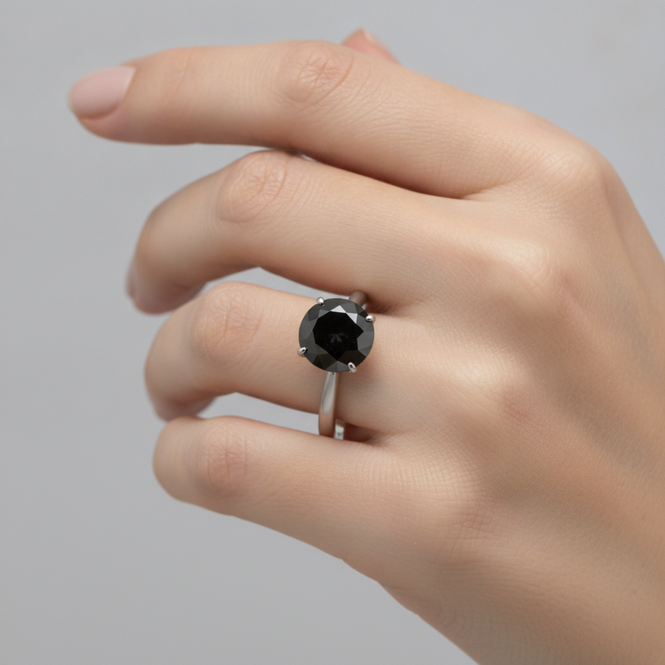 Bague Solitaire Ronde Simple en Diamant Noir Véritable 5 Carats en Or Blanc 14 Carats